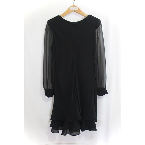 Vtg Black Cocktail Dress Sz 8 Long Sleeve Sheer Chiffon Flutter Hem CACHET USA - Picture 5 of 7